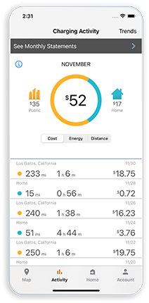 ChargePoint mobile app - Activity screen