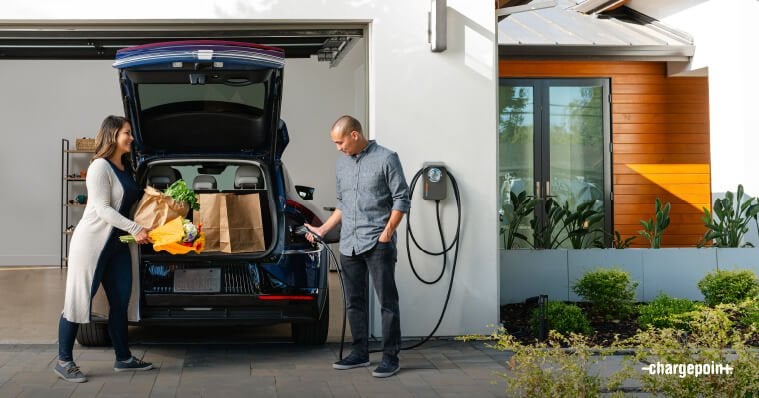 Family charging using ChargePoint Home and taking out groceries from car