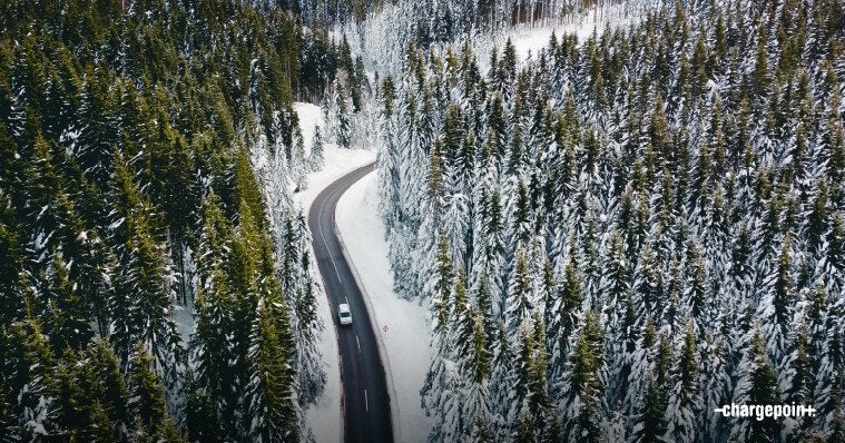 Snow covered highway bird view 