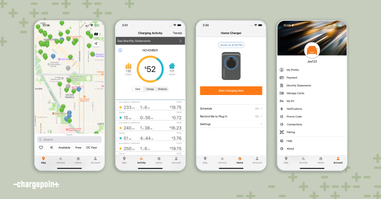 Different screens of ChargePoint driver app