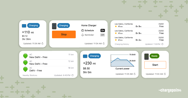 Different widget screens of ChargePoint driver app