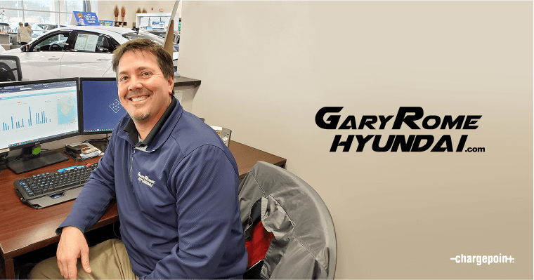Timothy Ferreira, general manager at Gary Rome Hyundai with ChargePoint dashboard