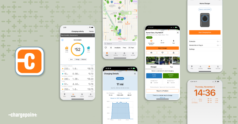 Verschiedene Bildschirme der ChargePoint Fahrer-App
