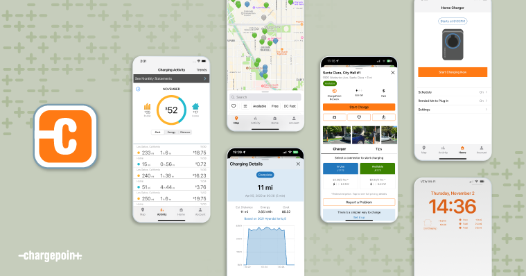 Différents écrans de l'application pour conducteurs ChargePoint