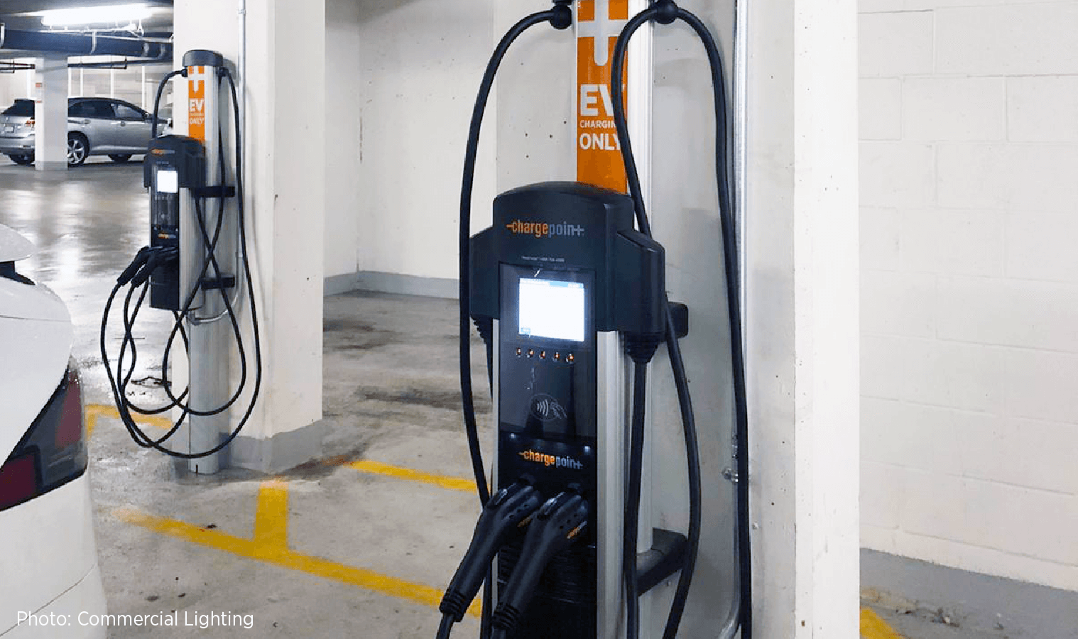 Two ChargePoint chargers in a garage