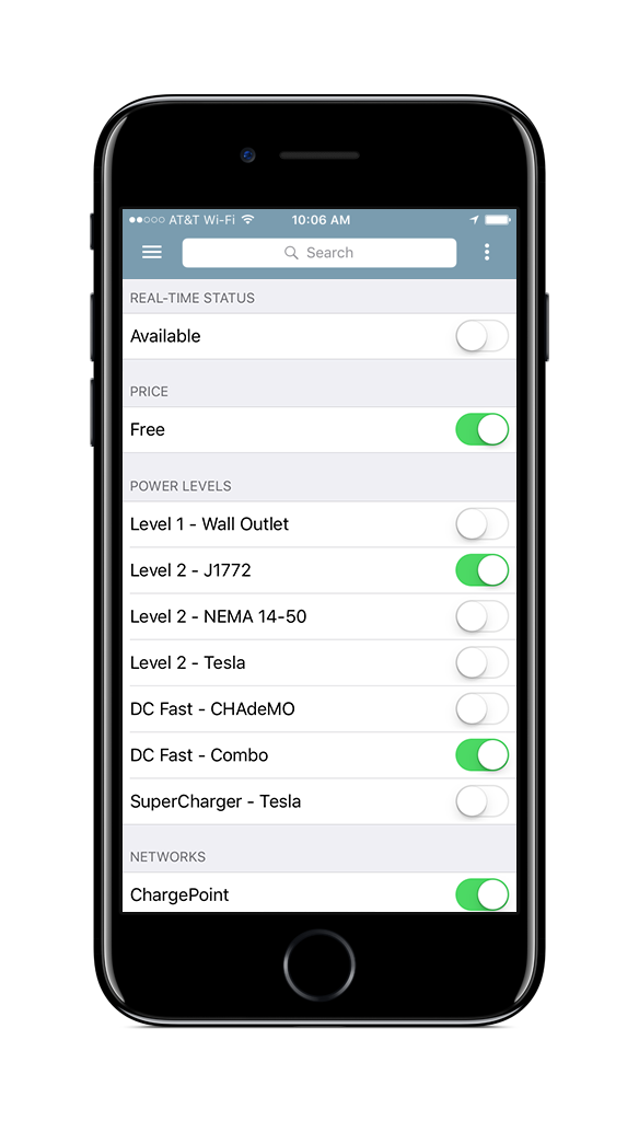 Filter for compatible charging spots in the ChargePoint app