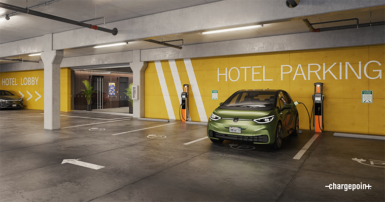 Car charging using ChargePoint CP6000 at Hotel parking grage 