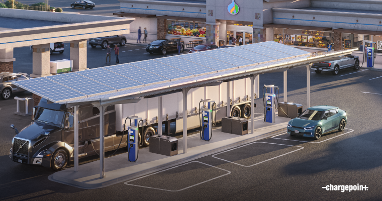 An 18 wheeler EV truck charging 