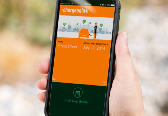 Smartphone displaying an active NFC ChargePoint pass, ready for use at a charging station.