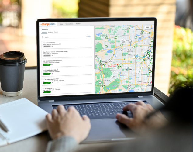 ChargePoint charging stations map on a laptop