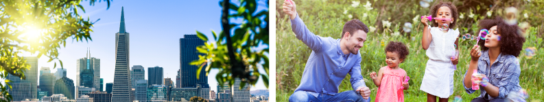 Split image showing a modern city skyline on the left and a happy family playing outdoors on the right.