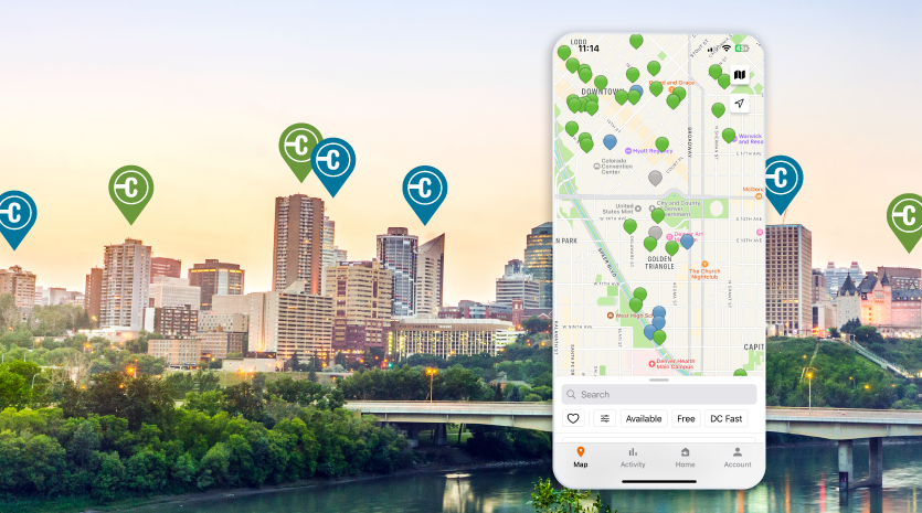 City landscape with ChargePoint app charging spots City landscape with ChargePoint app charging spots